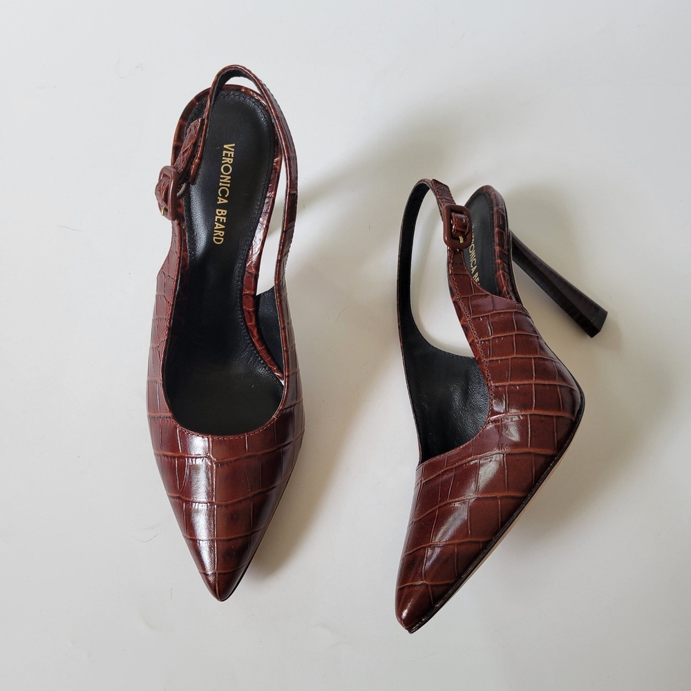 Veronica Beard Callie Point Toe Slingback Pumps 6 Sepia Brown Crock Embossed
